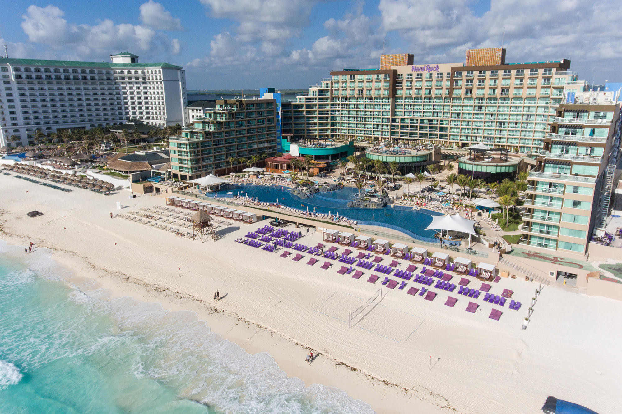 Aerial view of the beach and pools at the Hard Rock Cancun