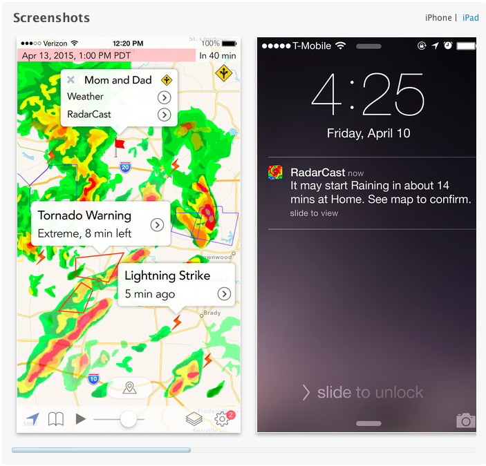 Screenshot der RadarCast Wetter App
