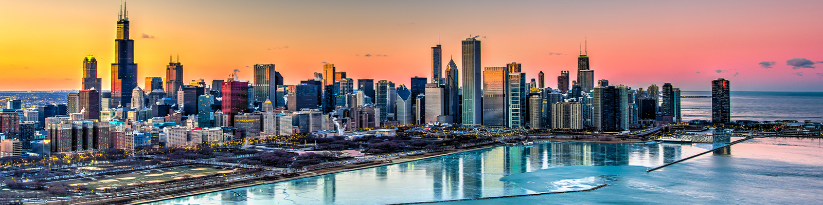 Sunset behind Chicago in the Winter