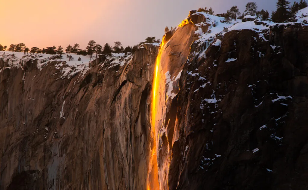 Yosemite Firefall / Backlit Waterfall at Dusk in Winter