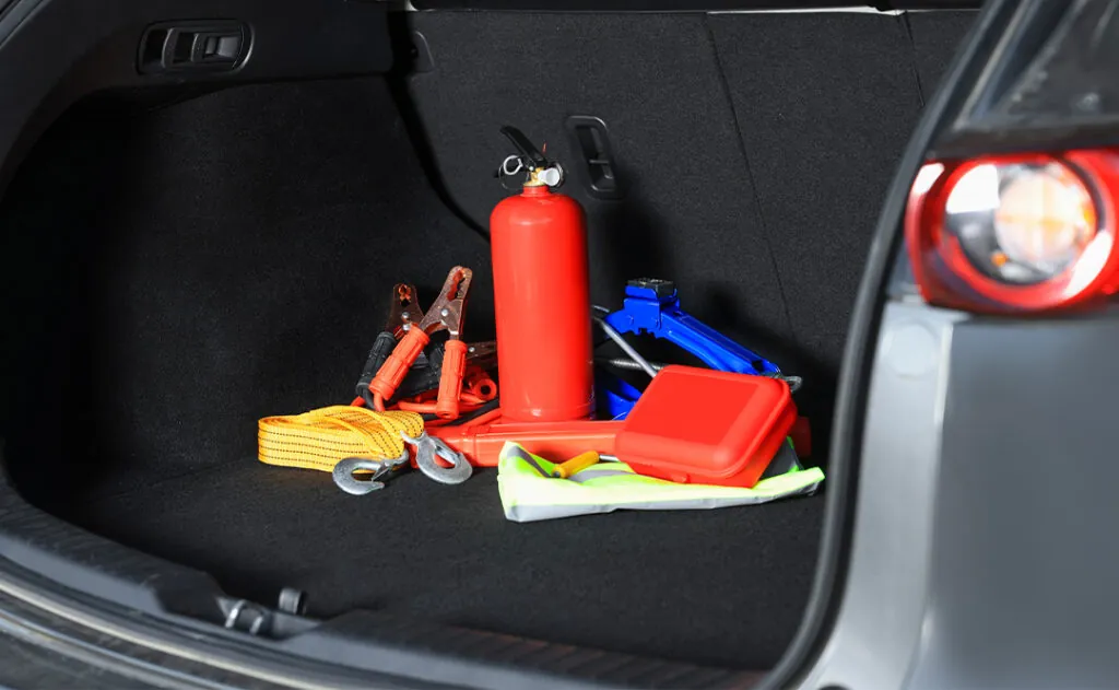 Set of car safety equipment in trunk