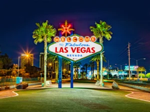 famous Las Vegas sign at city entrance, detail by night.